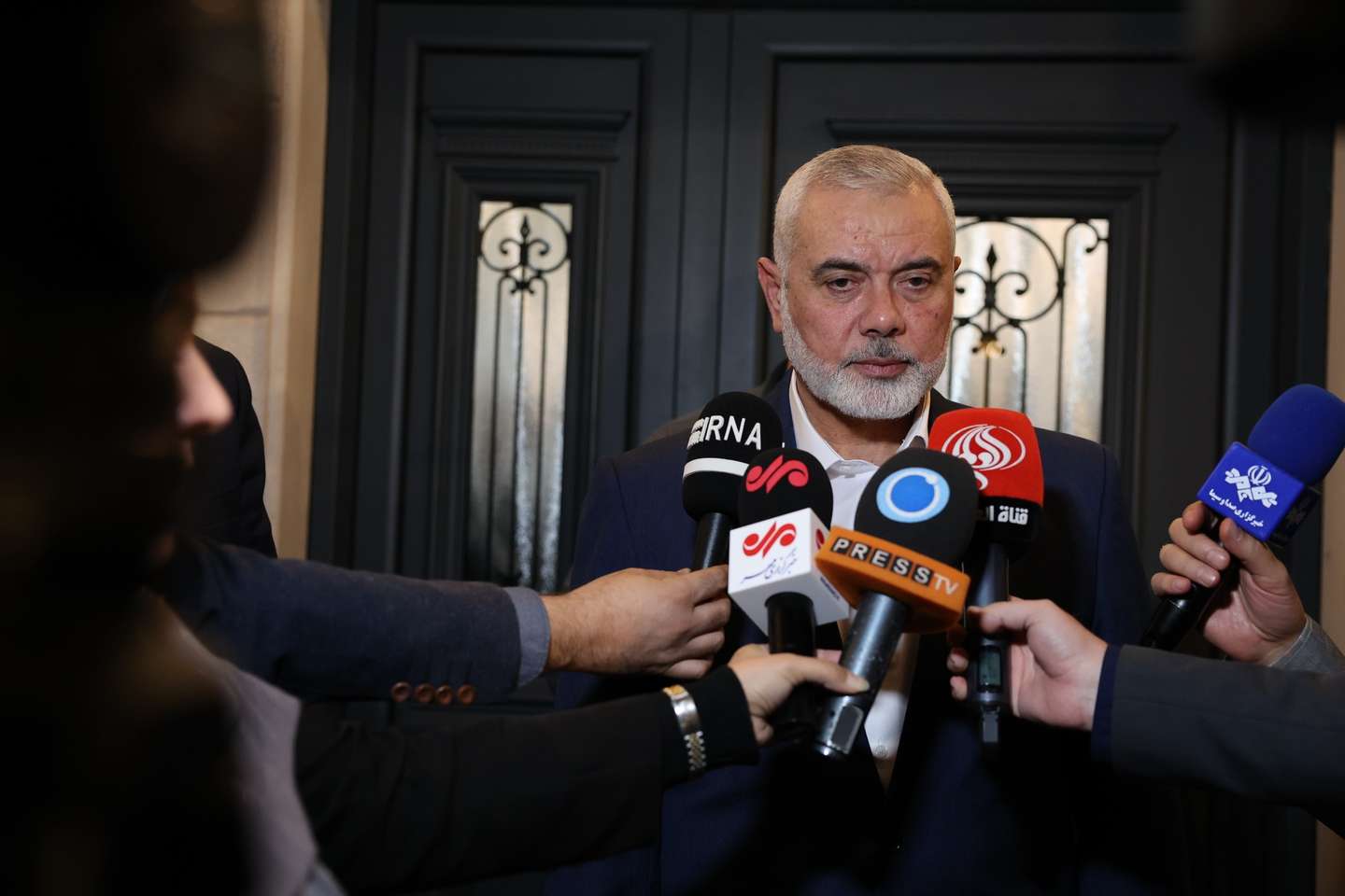 epa11038162 A handout photo made available by the Iranian foreign ministry office shows Hamas leader Ismail Haniyeh speaking to media in Doha, Qatar, 20 December 2023. Haniyeh met earlier with Iranian Foreign Minister Hossein Amir-Abdoulahian, who is visiting Qatar for the fourth time since the beginning of the Hamas-Israel conflict.  EPA/IRANIAN FOREIGN MINISTRY HANDOUT  HANDOUT EDITORIAL USE ONLY/NO SALES HANDOUT EDITORIAL USE ONLY/NO SALES