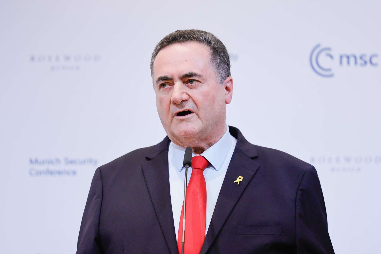 epa11157907 Israeli Foreign Minister Israel Katz speaks during a press statement at a side event of the 60th Munich Security Conference (MSC), in Munich, Germany, 16 February 2024. More than 500 high-level international decision-makers meet at the 60th Munich Security Conference in Munich during their annual meeting from 16 to 18 February 2024 to discuss global security issues.  EPA/RONALD WITTEK