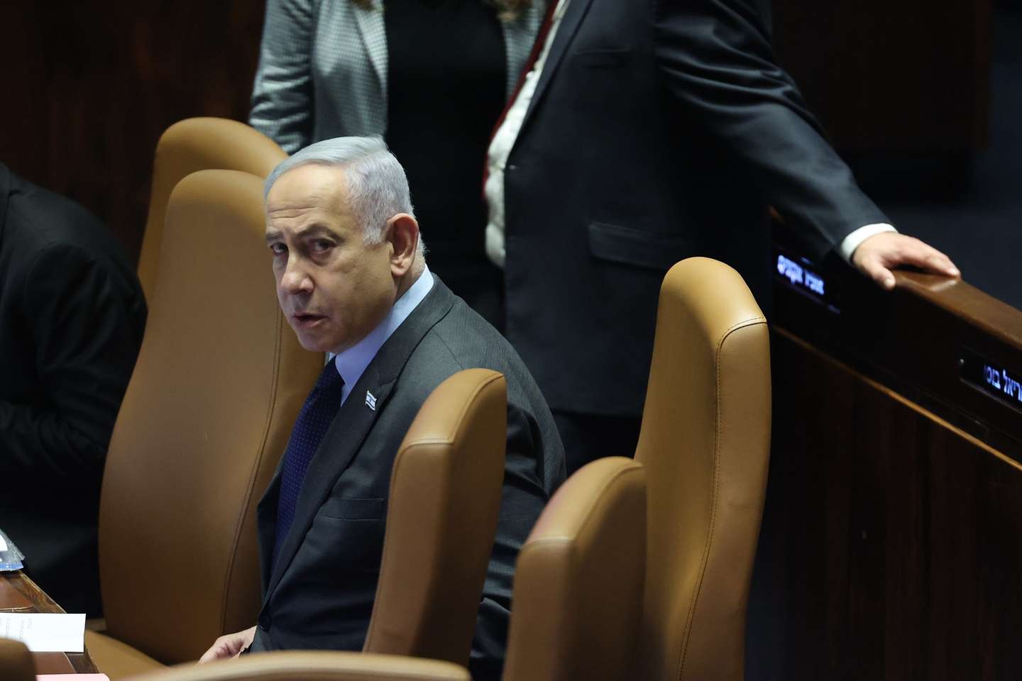epa11166730 Israeli Prime Minister Benjamin Netanyahu attends the voting session for the impeachment of Hadash-Ta’al party MP Ofer Cassif in Jerusalem, 19 February 2024. The motion was brought up after Cassif publicly supported South Africa’s genocide case against Israel at the International Court of Justice (ICJ).  EPA/ABIR SULTAN