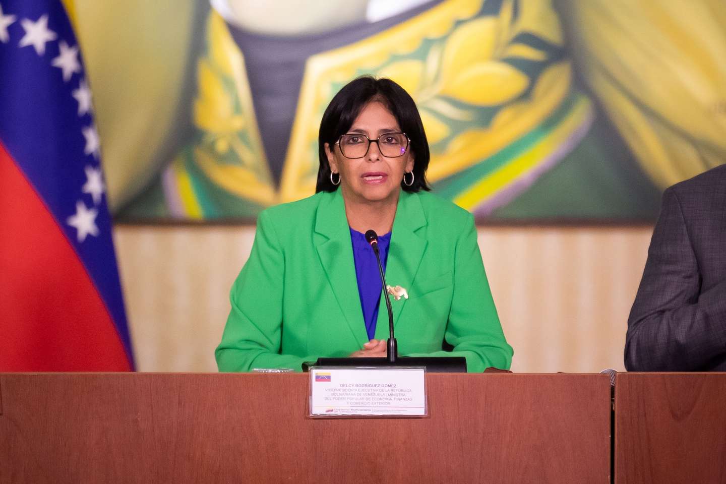 epa11023701 Vice President of Venezuela, Delcy Rodriguez speaks during a meeting of the High Commission for the Defense of Guayana Esequiba, in Caracas, Venezuela, 11 December 2023. Venezuela installed the 'High Commission for the Defense of Guayana Esequiba', which will prepare a proposal that will be presented by President, Nicolas Maduro at his meeting with his Guyanese counterpart, Irfann Ali, with whom he will address on 14 December, in Saint Vincent and the Grenadines, the territorial dispute that both countries maintain and that has escalated in recent days. The controversy grew worse after Venezuela approved a unilateral referendum annexing the Essequibo region, so the Maduro Government ordered the settlement of a military division near the disputed area, without incursions for now.  EPA/RAYNER PENA R