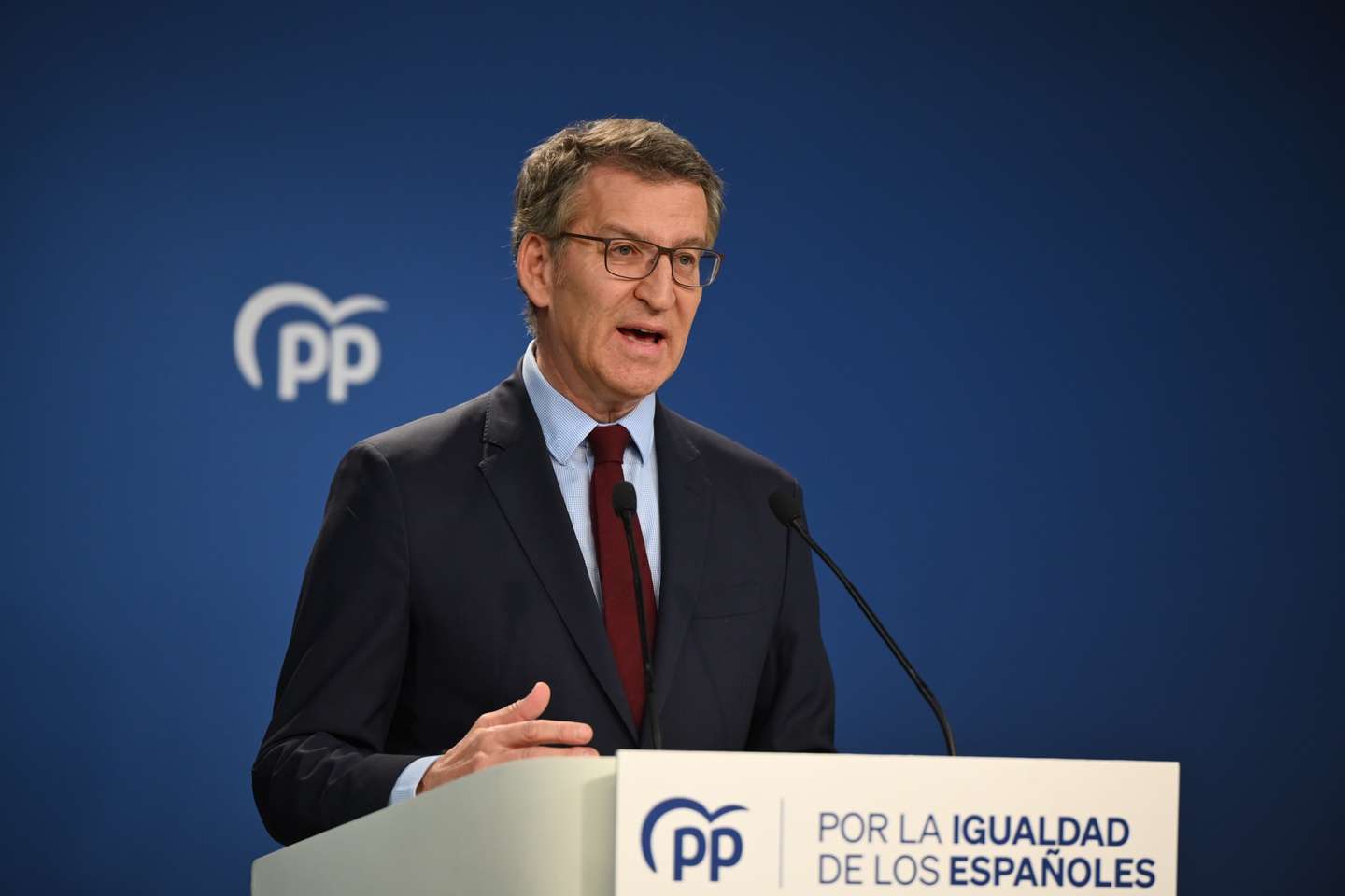 epa11299779 Leader of the Spanish People's Party (PP) Alberto Nunez Feijoo addresses a press conference on the possible resignation of Spain's prime minister at the party's headquarters in Madrid, Spain, 25 April 2024. According to Feijoo, it is an 'unacceptable frivolity' that Sanchez has decided to take 5 days off to think about his resignation, adding that it is an insult to voters. Spain's Prime Minister Pedro Sanchez published on 24 April 2024 on 'X' social media a letter to the citizens in which he explains he would be taking some days off to think about resignation after it was announced that his wife, Begona Gomez, was to be investigated after right wing union 'Manos Limpias' filed a complaint against her. Sanchez blames a political 'harassment and bullying operation by land, air and sea' to cause his 'personal and political collapse' by attacking his wife. In the letter he announces he will communicate his decision next 29 April 2024.  EPA/FERNANDO VILLAR