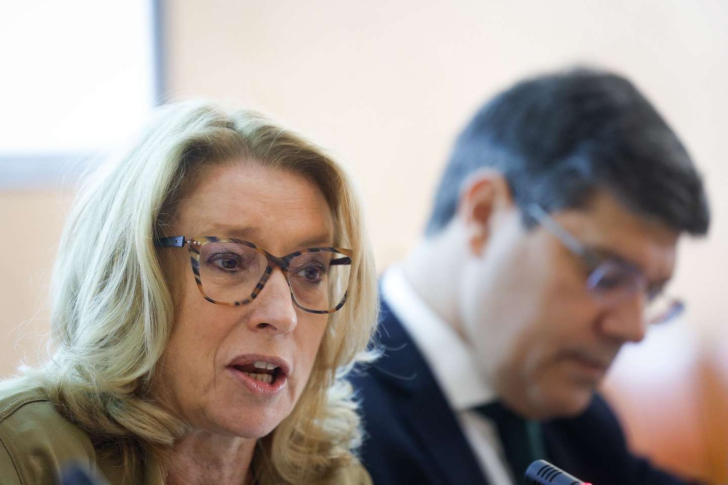 A ministra do Trabalho, Solidariedade e Segurança Social, Maria do Rosário Palma Ramalho (E), ladeada pelo presidente da Comissão de Trabalho, Segurança Social e Inclusão, Eurico Brilhante Dias (D), intervém durante a sua audição, na Assembleia da República, em Lisboa, 10 de julho de 2024. ANTÓNIO PEDRO SANTOS/LUSA