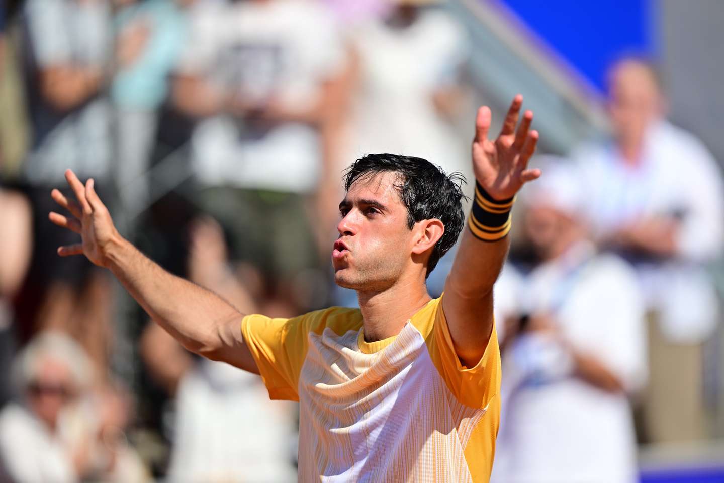 epa11490218 Portugal's Nuno Borges celebrates after winning the Men's Singles final against Spain's Rafael Nadal at the Swedish Open tennis tournament in Bastad, Sweden, 21 July 2024.  EPA/Bjorn Larsson Rosvall  SWEDEN OUT