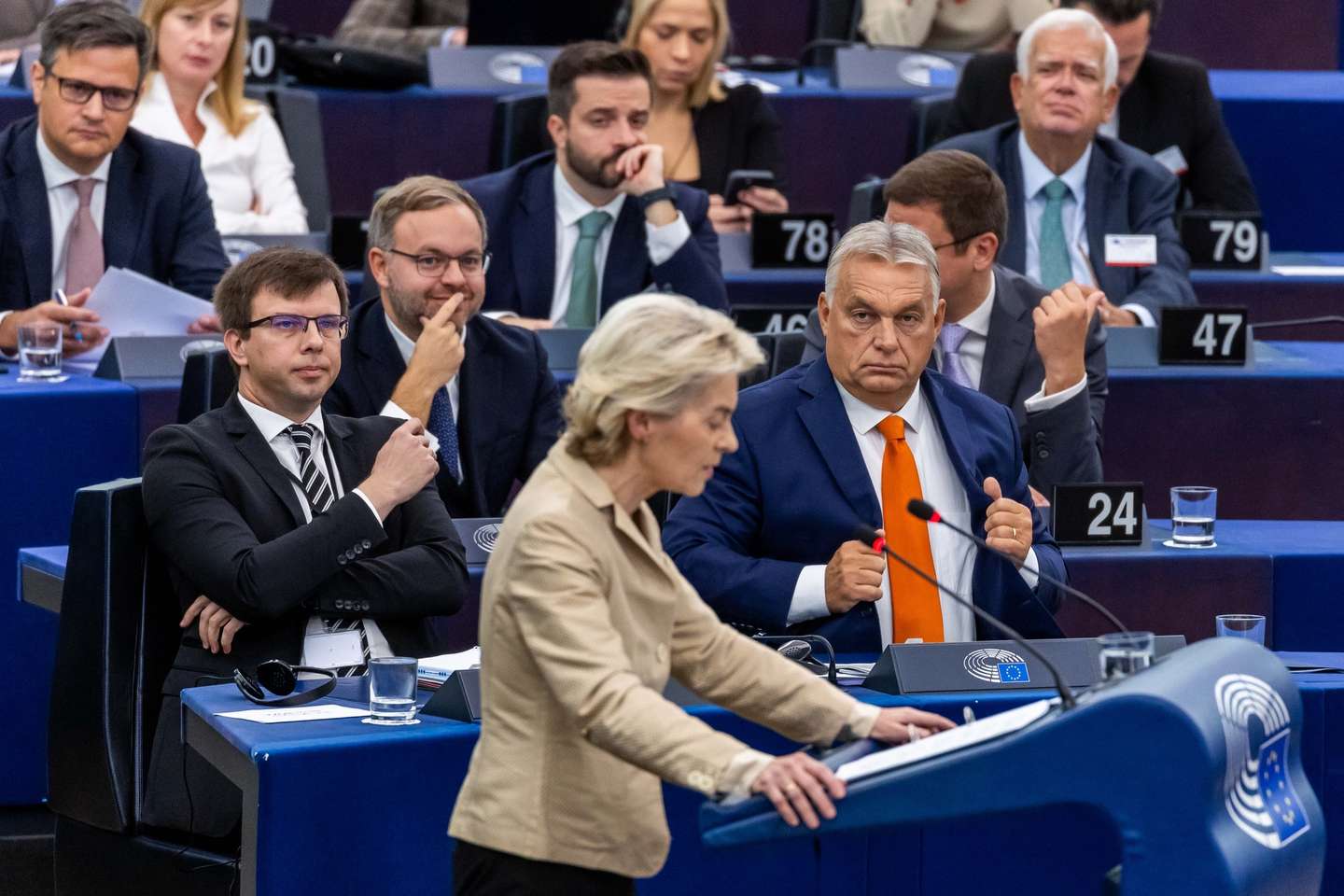 epa11650321 Hungarian Prime Minister Viktor Orban (R) looks on as European Commission President Ursula Von der Leyen (C) speaks at a plenary session for the presentation of the programme of activities of the Hungarian Presidency at the European Parliament in Strasbourg, France, 09 October 2024.  EPA/CHRISTOPHE PETIT TESSON
