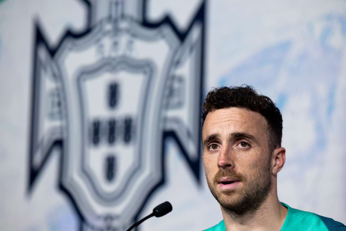 Portugal national soccer player Diogo Jota attends a press conference at Cidade do Futebol (Soccer City), in Oeiras, outskirts of Lisbon, Portugal, 10 October 2024. Portugal will play against Poland on October 12th and with Scotland on October 15th for the UEFA Nations League. JOSE SENA GOULAO/LUSA