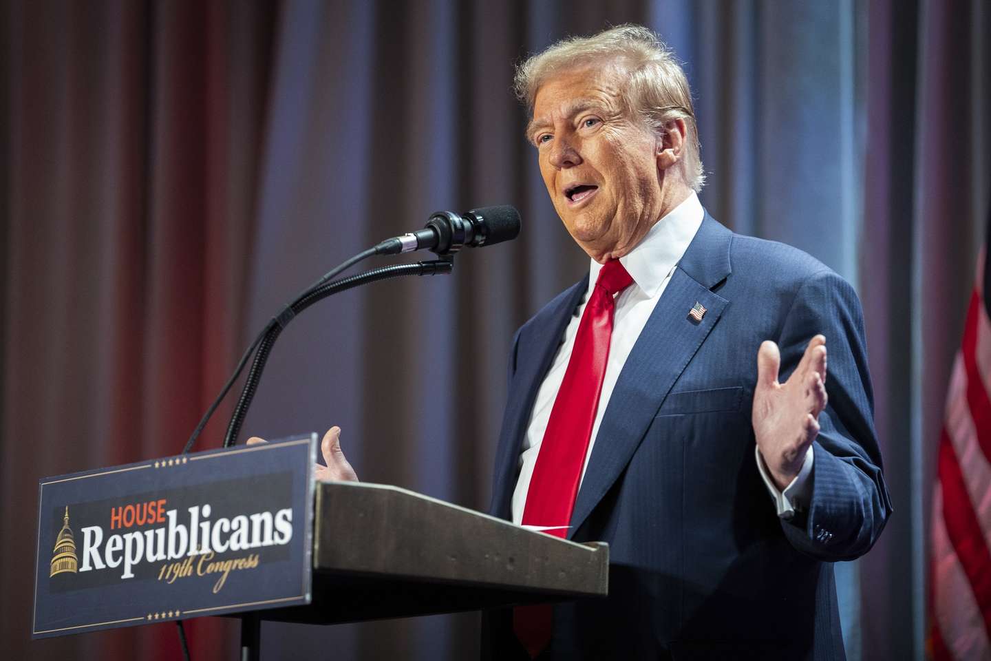 epa11718826 US President-elect Donald Trump speaks during a meeting with House Republicans at the Hyatt Regency hotel in Washington, DC, USA, 13 November 2024.  EPA/ALLISON ROBBERT / POOL