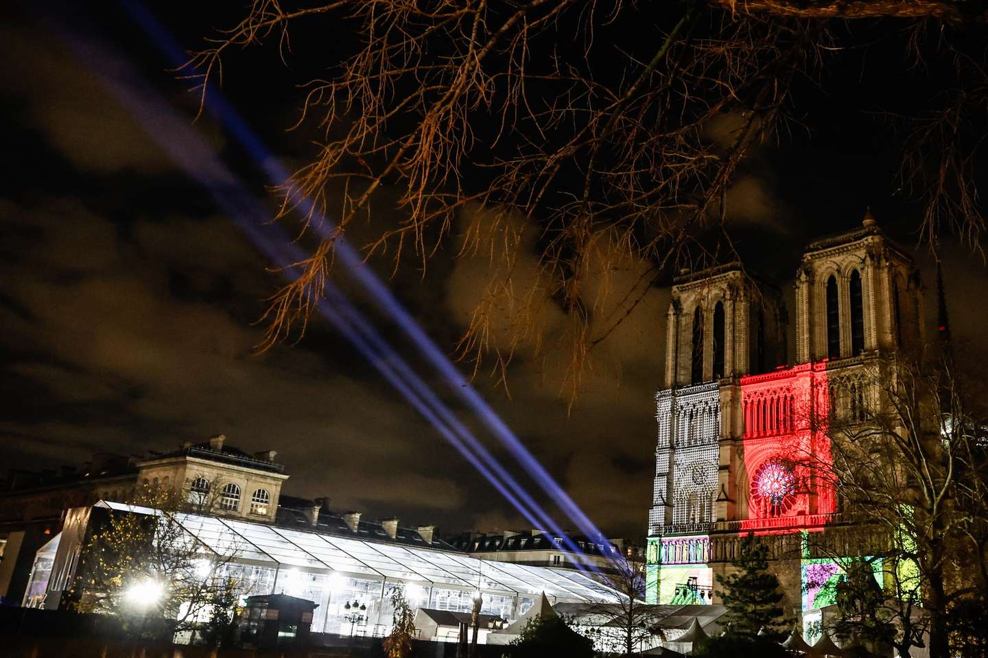 epa11755494 General view of the facade of the Notre-Dame Cathedral in Paris, France, 03 December 2024. The Paris Cathedral will be officially inaugurated on 07 December 2024 after nearly six years of renovation work.  EPA/Mohammed Badra