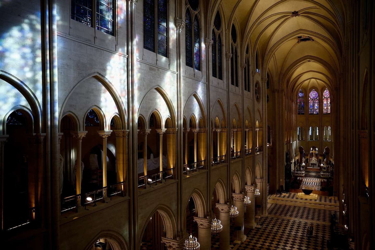 epa11747670 A view shows the nave of the Notre-Dame de Paris cathedral in Paris, France, 29 November 2024. French President Macron is visiting the cathedral's construction site on 29 November, to thank the donors and people who worked to rebuild the monument after it was severely damaged in a fire that broke out on 15 April 2019. The Paris Cathedral will be officially inaugurated after nearly six years of renovation work on 07 December 2024.  EPA/SARAH MEYSSONNIER / POOL MAXPPP OUT