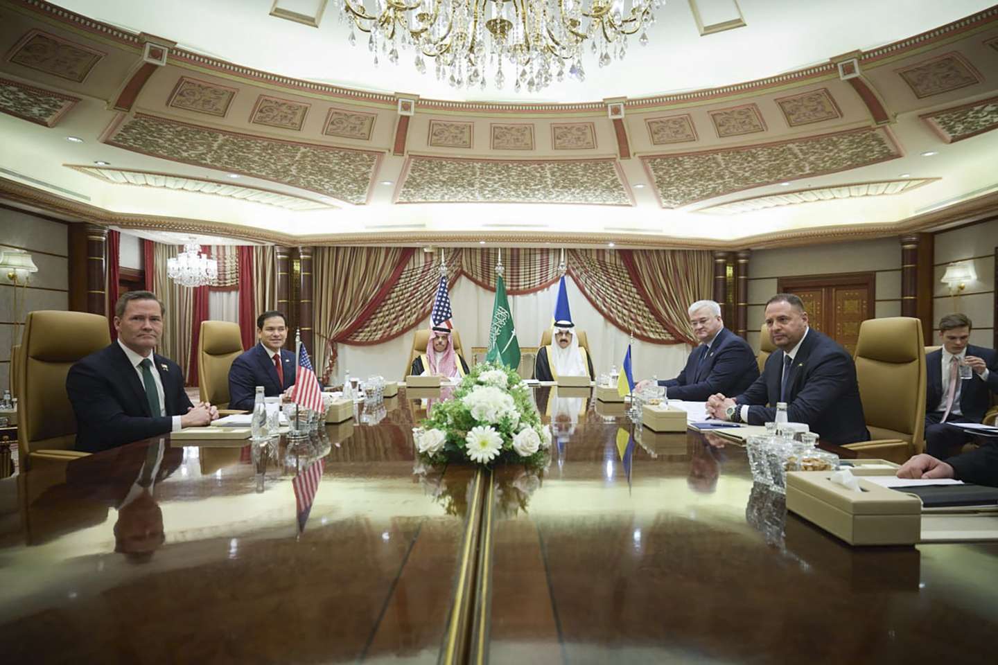 epa11955892 A handout photo made available by the Andriy Yermak Telegram Channel shows the Head of the Presidential Office of Ukraine Andriy Yermak (R), Ukrainian Foreign Minister Andrii Sybiha (2-R), US Secretary of State Marco Rubio (L) and US National Security Advisor Mike Waltz (2-L) attend their meeting in Jeddah, Saudi Arabia, 11 March 2025. US and Ukrainian officials are holding talks in Jeddah to find a path for peace in the Ukraine.  EPA/ANDRIY YERMAK TELEGRAM HANDOUT  HANDOUT EDITORIAL USE ONLY/NO SALES