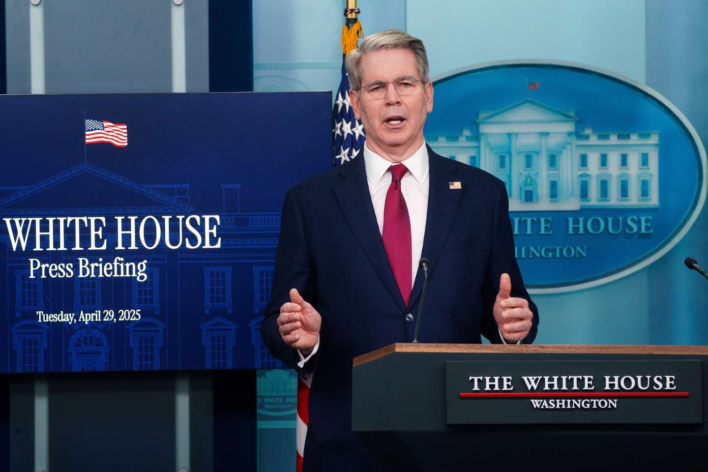 epa12062565 US Treasury Secretary Scott Bessent during a press briefing at the White House, Washington, DC, USA, 29 April 2025.  EPA/WILL OLIVER