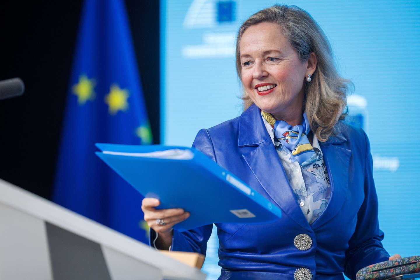 epa11863093 European Investment Bank (EIB) President Nadia Calvino speaks during a press conference about the EIB's annual results in the EU Council in Brussels, Belgium, 30 January 2025.  EPA/OLIVIER MATTHYS