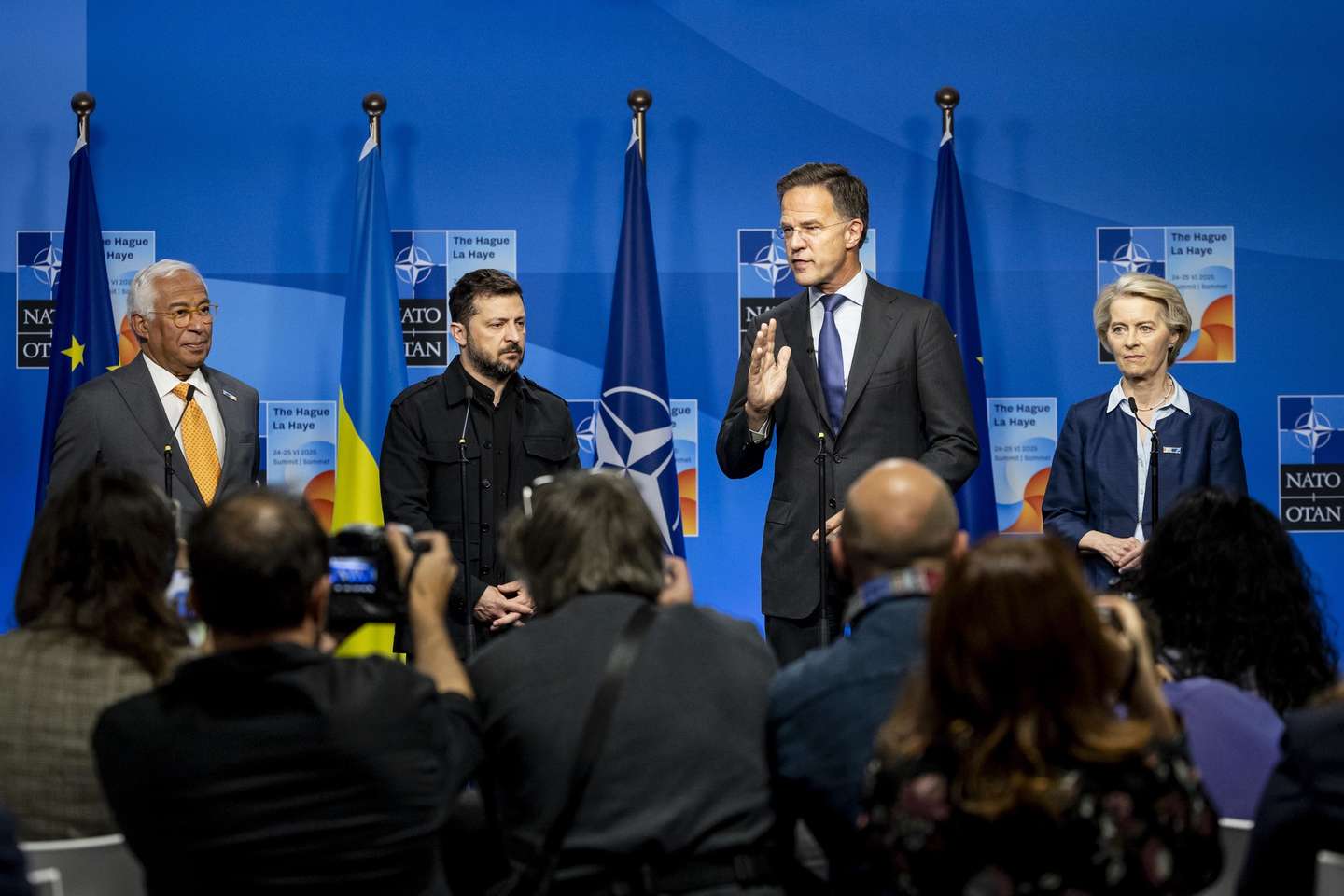 epa12194532 (L-R) European Council President Antonio Costa, Ukrainian President Volodymyr Zelensky, NATO Secretary General Mark Rutte and European Commission President Ursula von der Leyen address the media during the NATO Summit in The Hague, the Netherlands, 24 June 2025. The Netherlands hosts the NATO Summit in The Hague on 24 and 25 June, the first such summit to be held in the country.  EPA/SEM VAN DER WAL