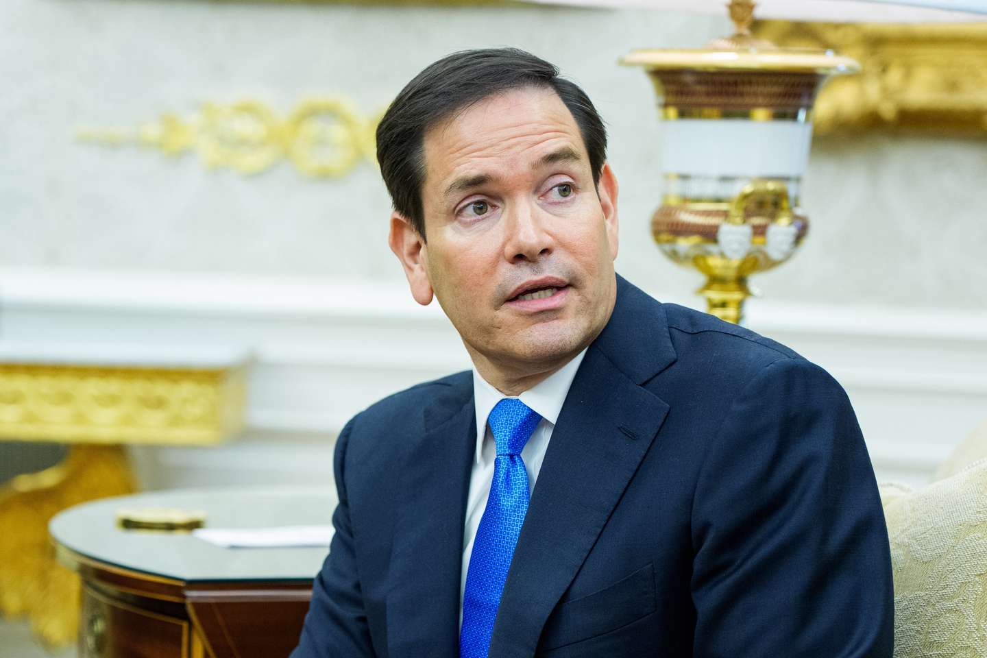 epa12241591 United States Secretary of State Marco Rubio gives remarks as United States President Donald J. Trump meets Bahrain's Prime Minister and Crown Prince Sheikh Salman bin Hamad al-Khalifa in the Oval Office of the White House in Washington, DC, USA, 16 July 2025.  EPA/AARON SCHWARTZ / POOL