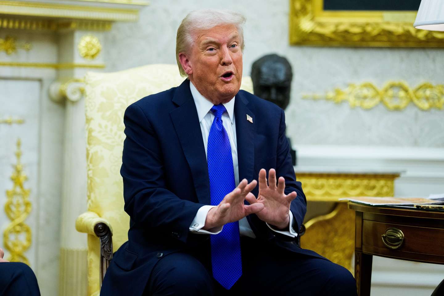 epa12474345 US President Donald J. Trump gives remarks as he meets with NATO Secretary General Mark Rutte in the Oval Office of the White House in Washington, DC, USA, 22 October 2025. The leaders met to discuss continued support for Ukraine.  EPA/AARON SCHWARTZ / POOL