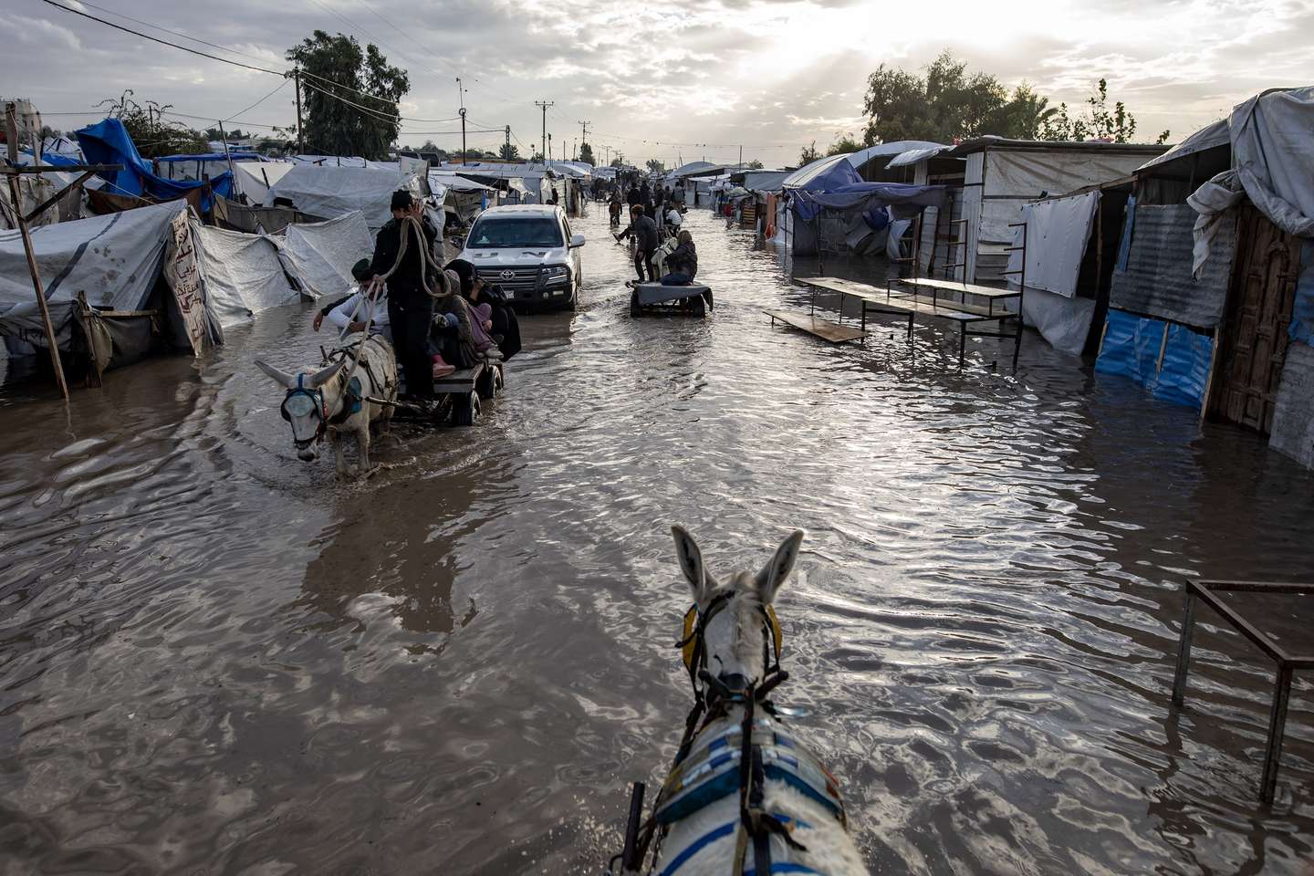 epa12585261 Displaced Palestinians make their way on animal-drawn carts through a flooded street following heavy rainfall in Khan Younis in southern Gaza, 11 December 2025. According to the Palestinian news agency Wafa, an eight-month-old baby girl died on 11 December due to the extreme cold in Khan Younis, as heavy rain flooded entire camps and areas across the enclave, worsening the conditions for 1.5 million displaced residents.  EPA/HAITHAM IMAD