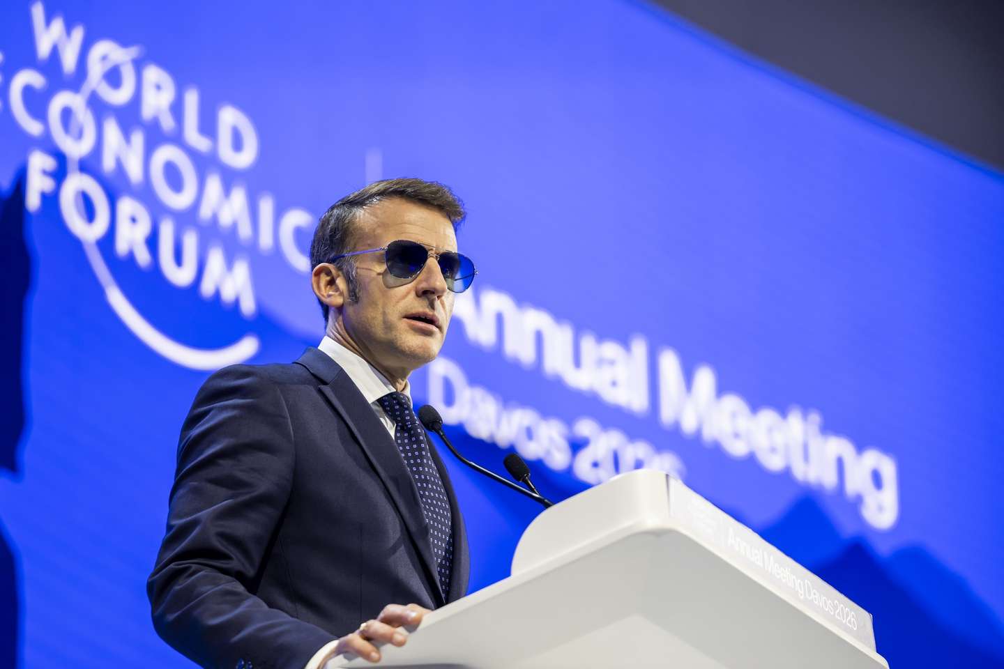 epa12664315 French President Emmanuel Macron speaks during a plenary session at the Congress Hall during the 56th annual meeting of the World Economic Forum (WEF) in Davos, Switzerland, 20 January 2026. The meeting, held under the theme 'A Spirit of Dialogue,' brings together entrepreneurs, scientists, and corporate and political leaders and runs from 19 to 23 January.  EPA/GIAN EHRENZELLER