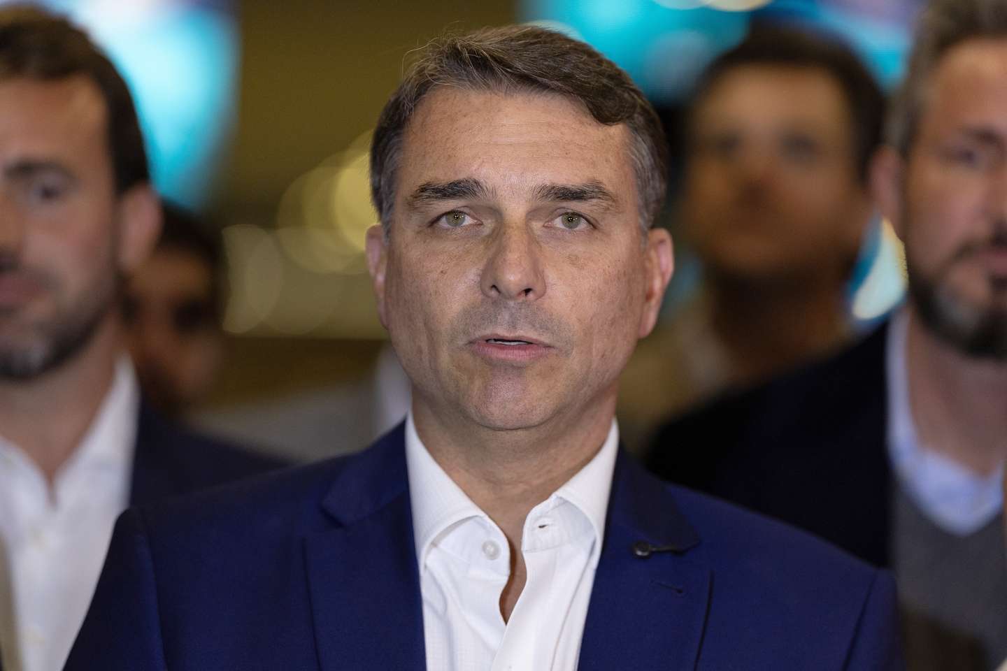 epa13189789 Brazilian presidential candidate Flavio Bolsonaro of the Liberal Party speaks during a meeting with the board of directors of the Federation of Industries of the State of Sao Paulo (FIESP) in Sao Paulo, Brazil, 24 August 2026.  EPA/ISAAC FONTANA