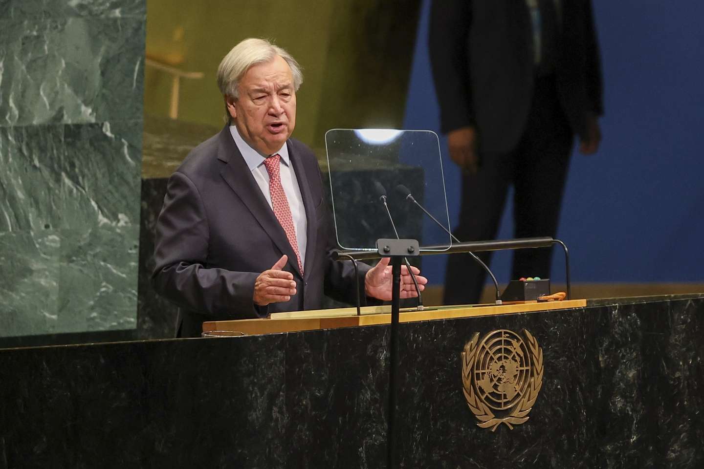 epa13255482 UN Secretary-General Antonio Guterres delivers his speech during the 81st session of the United Nations (UN) General Assembly at United Nations Headquarters in New York, New York, USA, 22 September 2026.  EPA/SARAH YENESEL