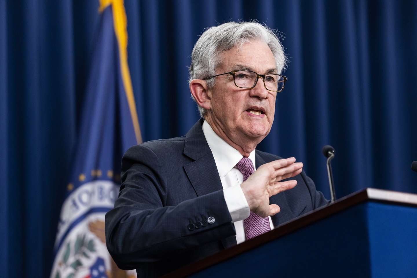 epa09926903 Federal Reserve Board Chairman Jerome Powell holds a news conference after the Fed agreed to raise interest rates by half a percentage point at the William McChesney Martin Jr. Building  in Washington, DC, USA, 04 May 2022. It is the biggest interest rate hike in 20 years.  EPA/JIM LO SCALZO