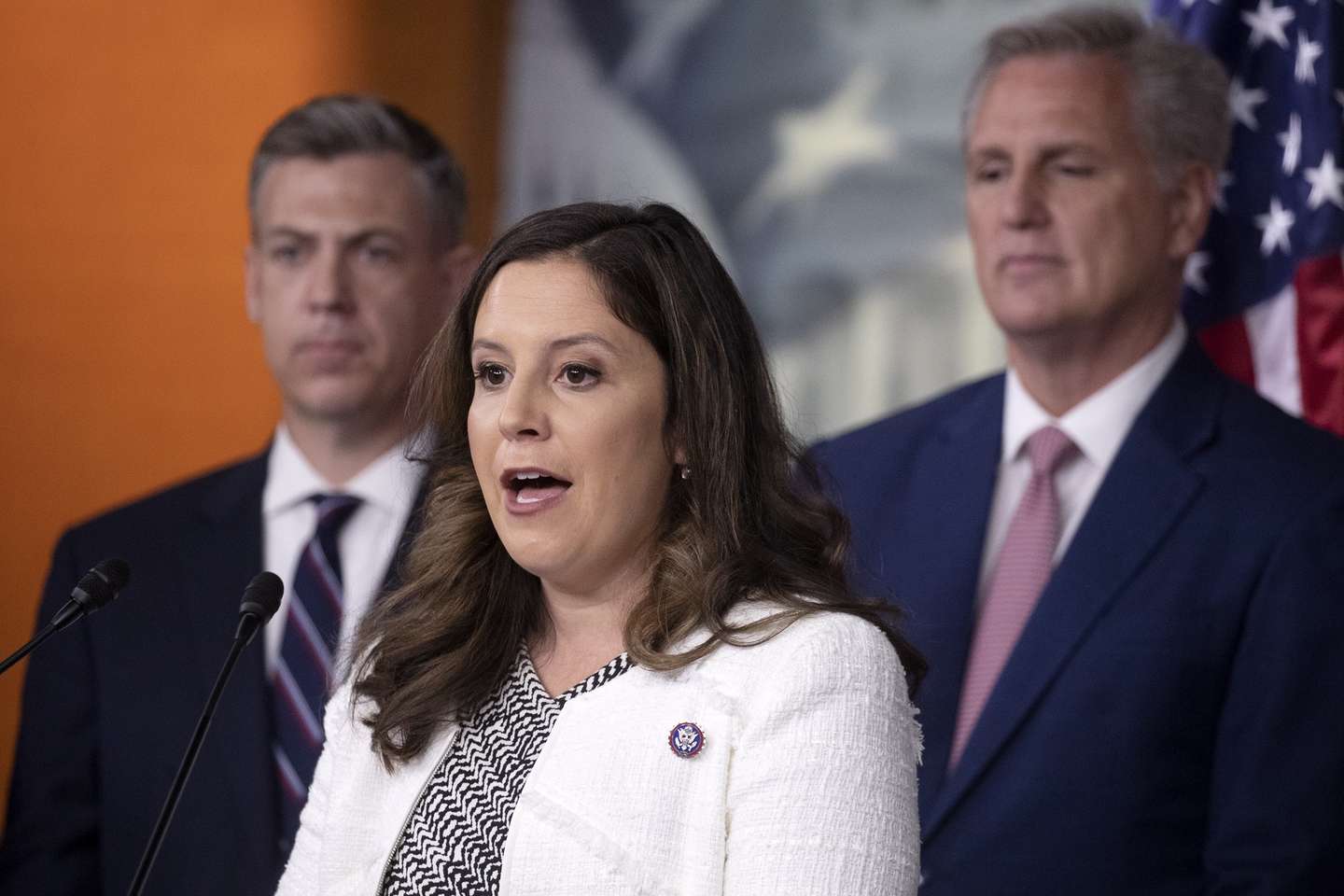 epa10004349 Republican Representative from New York Elise Stefanik (C), Republican Representative from Indiana Jim Banks (L) and House Minority Leader Kevin McCarthy (R) attend a news conference with other House Republicans, on Capitol Hill in Washington, DC, USA, 09 June 2022. As hearings begin of the House Select Committee to Investigate the January 6th Attack on the United States Capitol, House Minority Leader McCarthy and fellow Republican leaders called the committee 'illegitimate'.  EPA/MICHAEL REYNOLDS