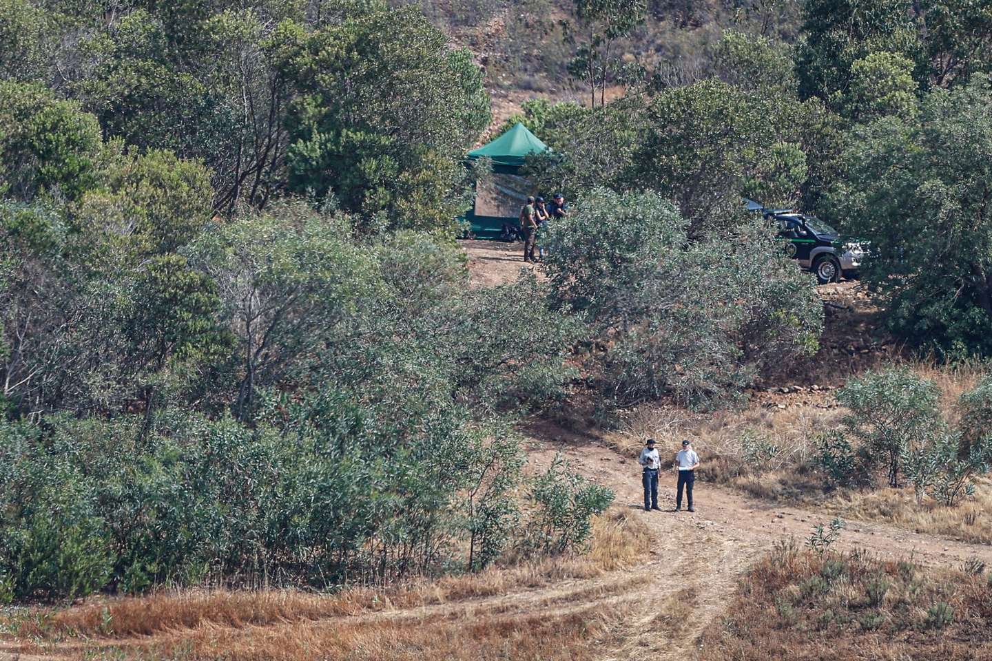Portuguese authorities from the Judicial Police (PJ) criminal investigation unit on the new search operation amid the investigation into the disappearance of Madeleine McCann in the Arade dam area, in Silves, Faro district, Portugal, 23 May 2023. This operation stems from a European Investigation Order (the old rogatory letters) addressed by the German authorities to Portugal and focuses on the Arade dam, located about 50 kilometers from Praia da Luz, the place where the child disappeared in May 2007, 16 years ago, while on vacation with her parents. LUIS FORRA/LUSA