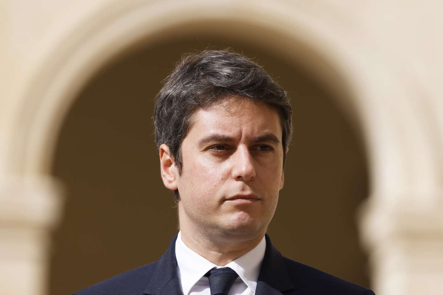 epa11231074 France's Prime Minister Gabriel Attal attends a 'national tribute' ceremony to late French politician and admiral, Philippe de Gaulle, the son of Charles de Gaulle, at the Hotel des Invalides in Paris, France, 20 March 2024. Admiral Philippe de Gaulle, the eldest child of General Charles de Gaulle, the first president of the French Fifth Republic, died on 13 March in Paris at the age of 102.  EPA/LUDOVIC MARIN / POOL  MAXPPP OUT