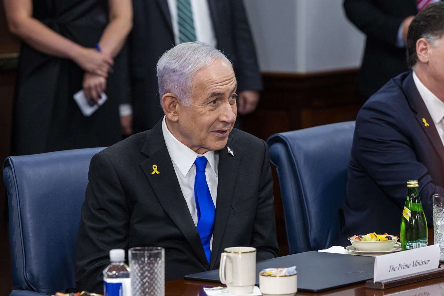 epa12227279 Israeli Prime Minister Benjamin Netanyahu delivers remarks during a meeting with US Secretary of Defense Pete Hegseth(not pictured) at the Pentagon in Arlington, Virginia, USA, 09 July 2025.  EPA/SHAWN THEW