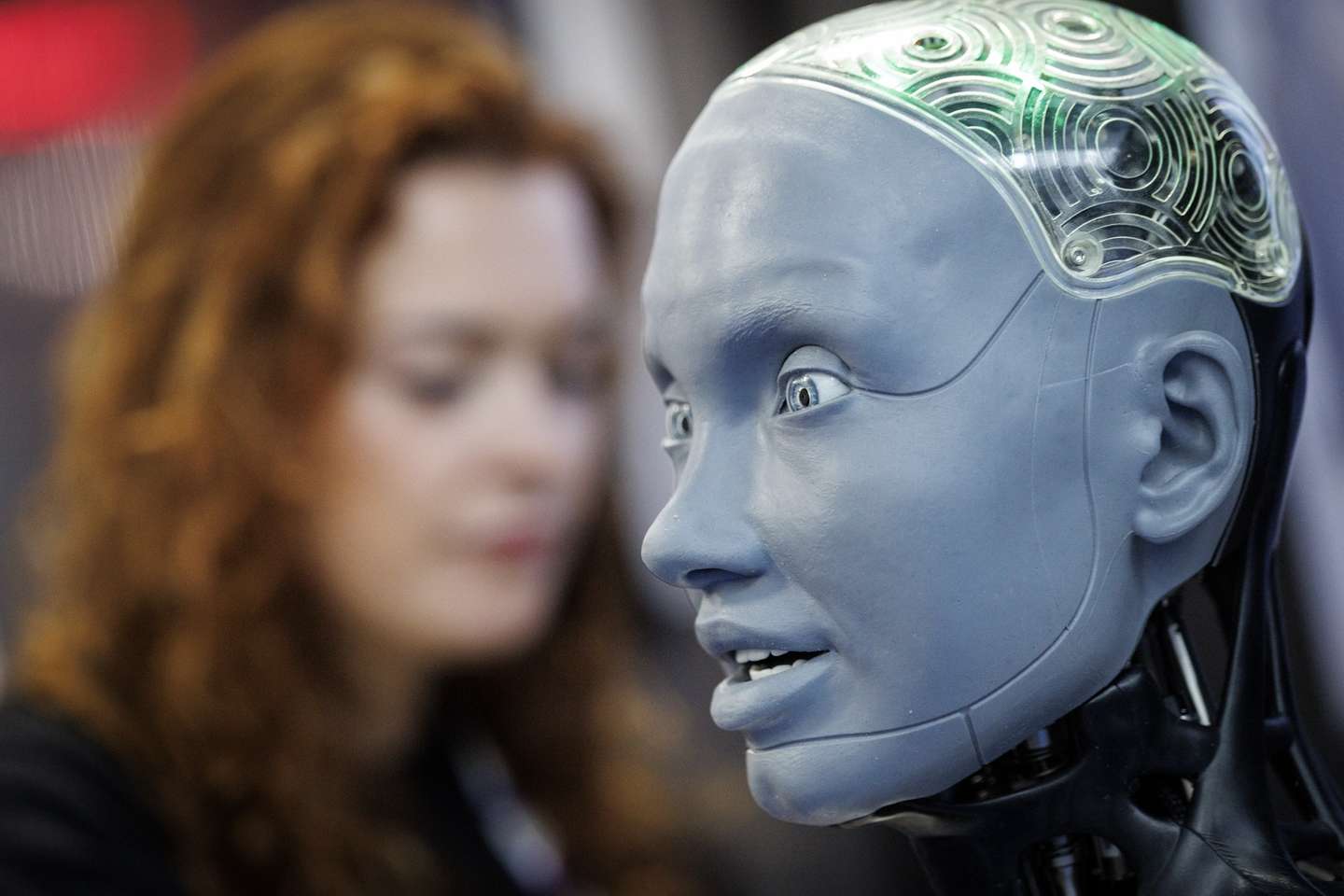 epa12166347 An artificial intelligence powered robot named Ameca, developed by Engineered Arts, displays mimics during the first day of London Tech Week in London, Britain, 09 June 2025. London Tech Week runs from 09 to 11 June 2025 and aims to bring start-ups, policymakers, investors and business leaders together to engage in discussions on technologies and AI.  EPA/TOLGA AKMEN