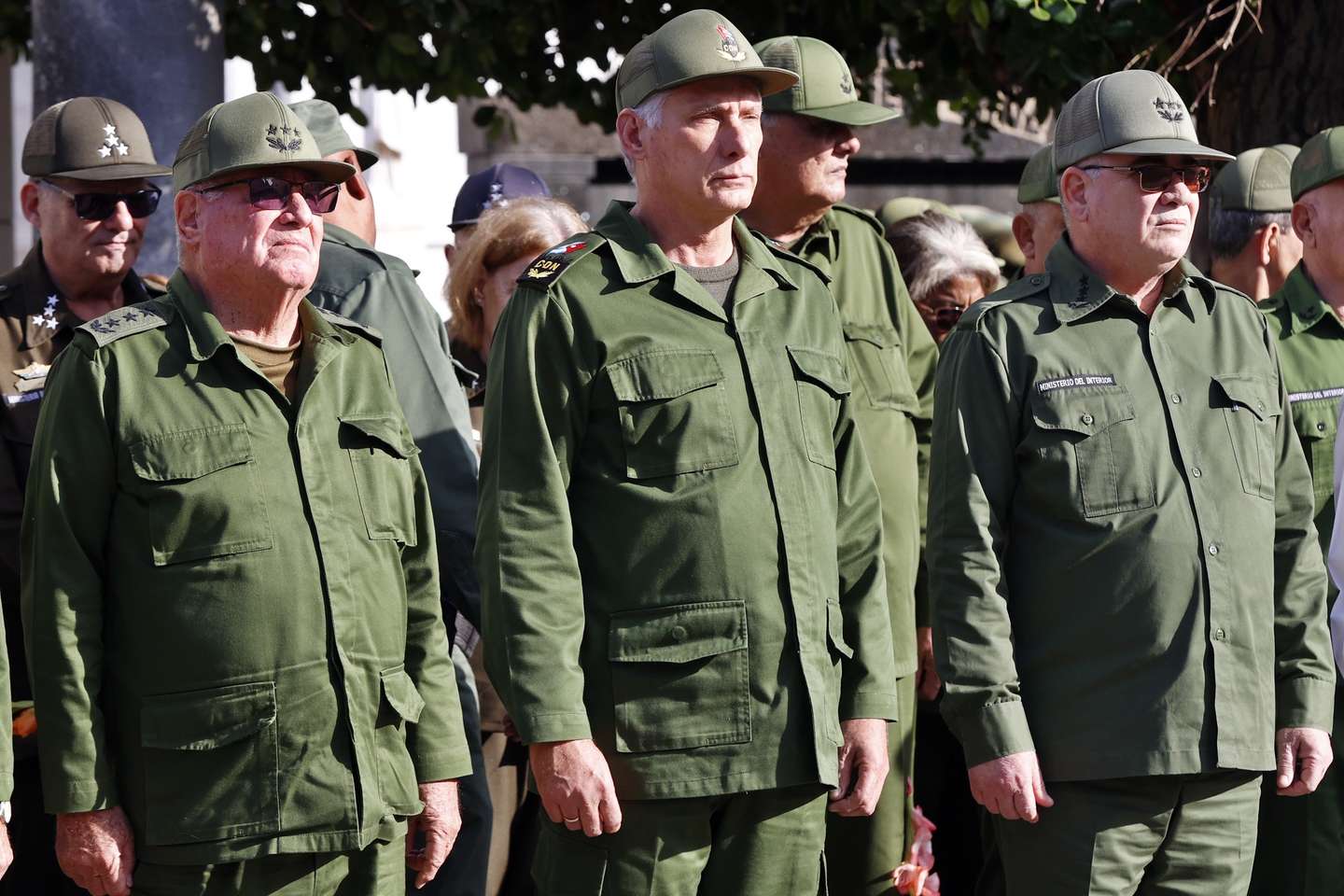 epa12654722 Cuban President Miguel Diaz-Canel (C), alongside Minister of the Revolutionary Armed Forces (FAR) Alvaro Lopez Miera (L) and Minister of the Interior Lazaro Alberto Alvarez Casas (R) participate in a tribute in Havana, Cuba, 16 January 2026.  The ceremony marked the end of posthumous tributes for the 32 Cubans killed in the US military operation that resulted in the capture of Venezuelan President Nicolas Maduro.  EPA/Ernesto Mastrascusa