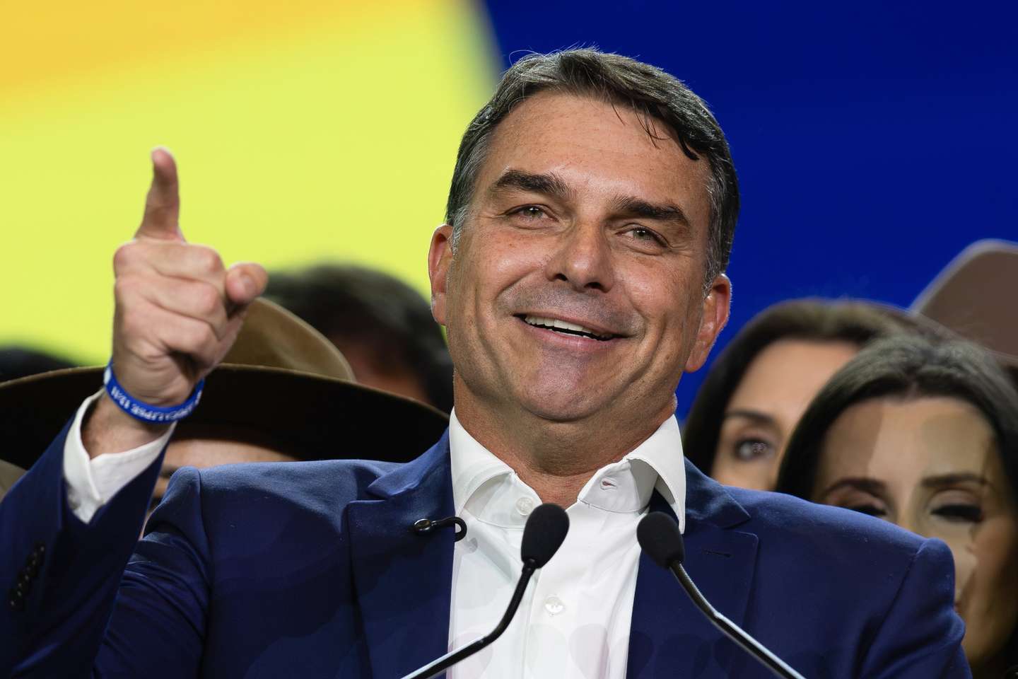 epa13132807 Brazilian Senator Flavio Bolsonaro speaks during the national convention of Brazil's Liberal Party (PL) in Sao Paulo, Brazil, 25 July 2026. The Liberal Party, led by former President Jair Bolsonaro, kicked off its national convention to nominate his eldest son, Senator Flavio Bolsonaro, as its candidate for the upcoming presidential election in October 2026.  EPA/ISAAC FONTANA