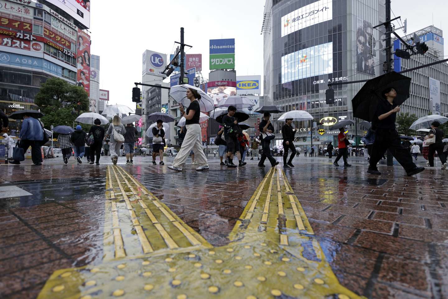 epa13251186 Pedestrians with umbrellas walk at Shibuya crossing under rainfall in Tokyo, Japan, 20 September 2026. Powerful Typhoon Dujuan is expected to approach eastern Japan, including the Tokyo area, bringing torrential rain. The Japan Meteorological Agency warned that some areas could receive a month’s worth of September rainfall in a single day.  EPA/FRANCK ROBICHON