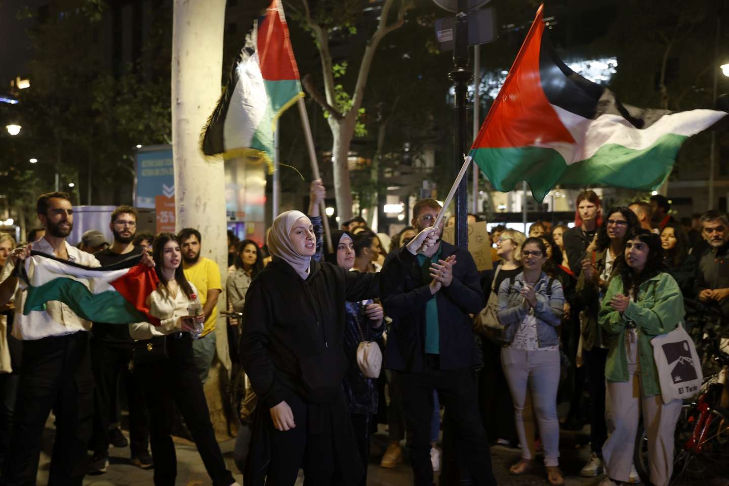 epa10920766 People take part in a march in support of the Palestinian people next to the headquarters of the European Union (EU) in Barcelona, Spain, 15 October 2023. Thousands of Israelis and Palestinians have died since the militant group Hamas launched an unprecedented attack on Israel from the Gaza Strip on 07 October 2023, leading to Israeli retaliation strikes on the Palestinian enclave.  EPA/Toni Albir
