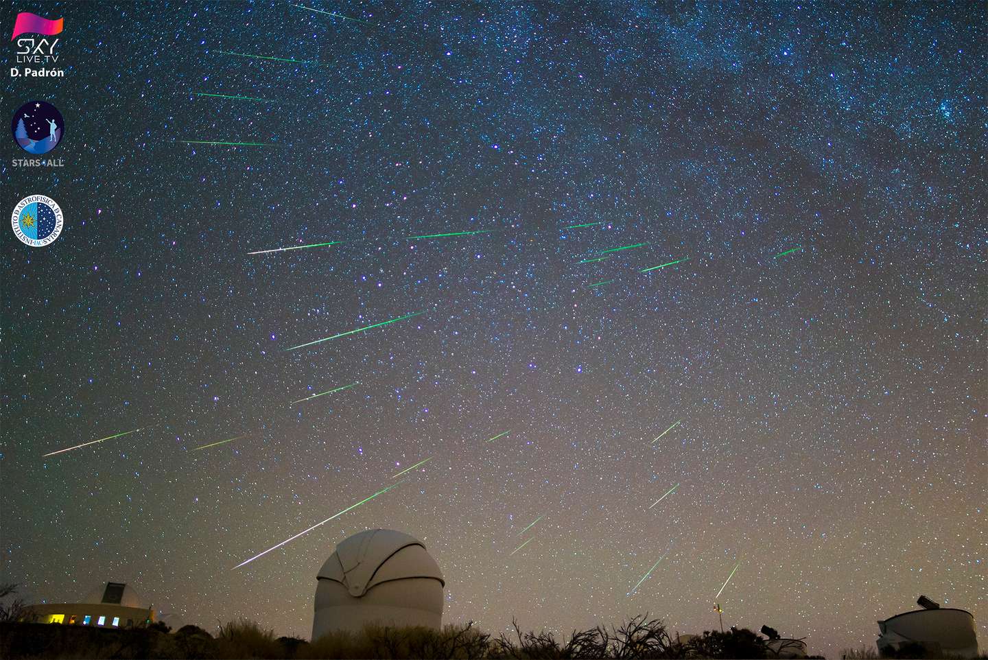 Perseidas desde el Observatorio del Teide (Tenerife, Islas Canarias, España). De izquierda a derecha se ven las cúpulas de los telescopios IAC80, OGS, QES, QUIJOTE, PIRATE y COAST.