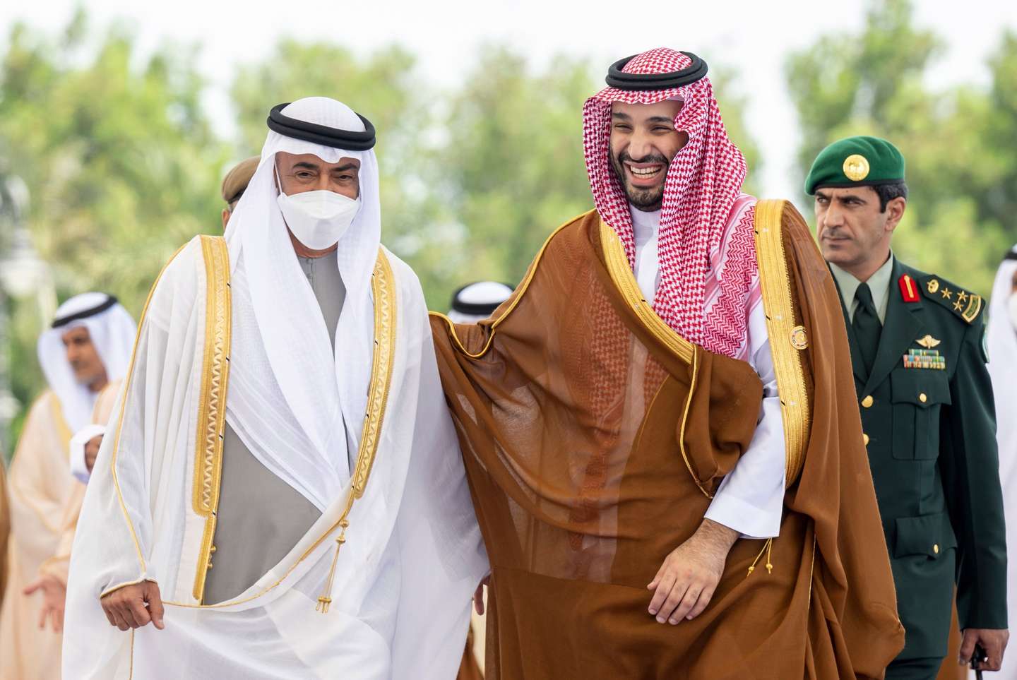 epa10074212 A handout photo made available by the UAE Ministry of Presidential Affairs shows Sheikh Mohamed bin Zayed Al Nahyan (L), President of the United Arab Emirates and Ruler of the emirate of Abu Dhabi received by Prince Mohamed bin Salman bin Abdulaziz Al Saud, Crown Prince, Deputy Prime Minister and Minister of Defense of Saudi Arabia in Jeddah, Saudi Arabia, 16 July 2022. Saudi Arabia is hosting the Jeddah Security and Development Summit which brings together the leaders of the GCC, in addition to Jordan, Egypt and Iraq, with the USA.  EPA/MINISTRY PRESIDENTIAL AFFAIRS HANDOUT  HANDOUT EDITORIAL USE ONLY/NO SALES