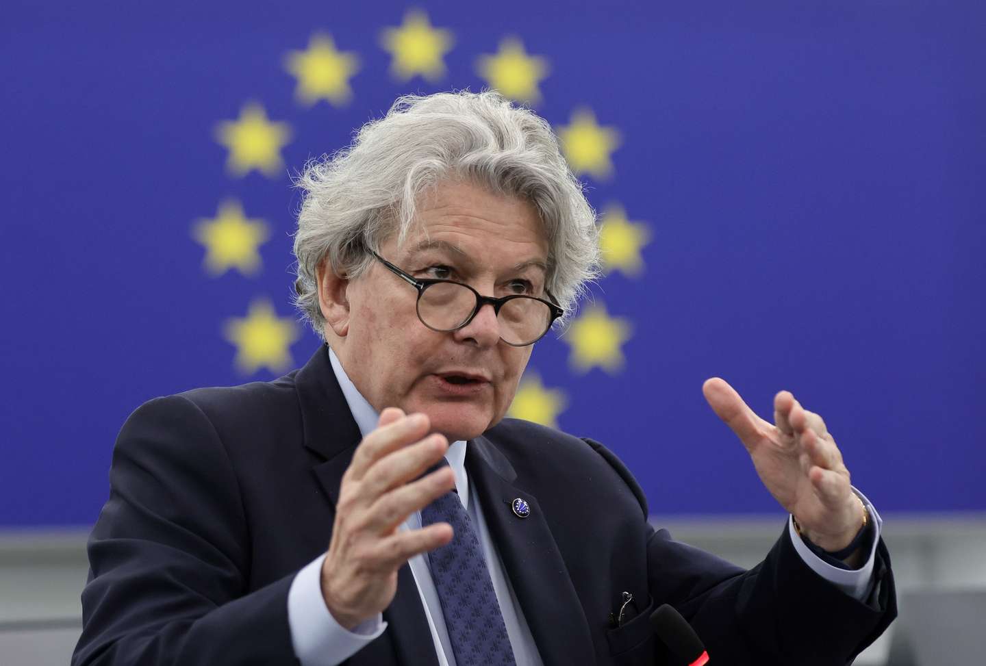 epa10988190 European Union Commissioner for Internal Market Thierry Breton speaks during a question time on 'The state of implementation of the EU's commitment to provide 1 million rounds of artillery ammunition to Ukraine until March 2024' at the European Parliament in Strasbourg, France, 21 November 2023. The EU Parliament's session runs from 20 until 23 November 2023.  EPA/RONALD WITTEK