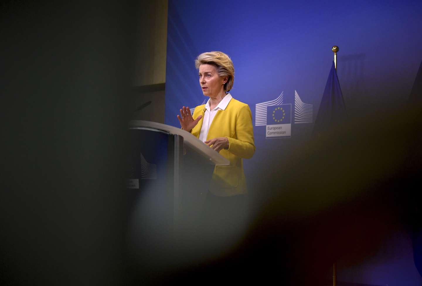 epa09134950 European Commission President Ursula von der Leyen delivers a statement after a college meeting at the EU headquarters in Brussels, Belgium, 14 April 2021.  EPA/JOHN THYS / POOL