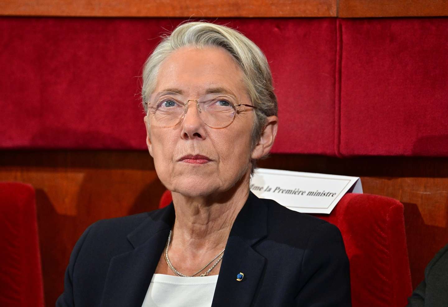 epa10921510 French Prime Minister Elisabeth Borne attends a social conference with trade unions and employers at the French Conseil Economique, Social et Environnemental (CESE - Economic, Social and Environmental Council) in Paris, France, 16 October 2023. The social conference is focused on low wages, against a backdrop of high inflation and differences of opinion with social partners on other issues.  EPA/MIGUEL MEDINA / POOL  MAXPPP OUT