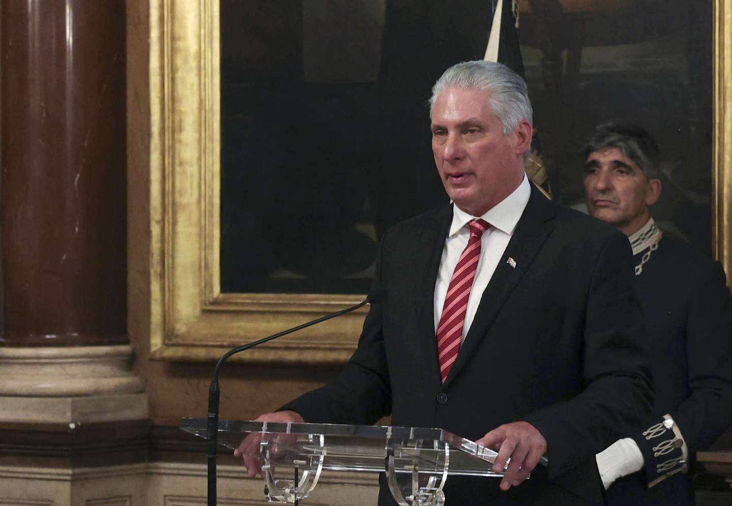 epa10746462 Cuba's President Miguel Diaz-Canel speaks at the town hall in Lisbon, Portugal, 14 July 2023. Cuba's President Miguel Diaz-Canel is on an official visit to Portugal.  EPA/MANUEL DE ALMEIDA