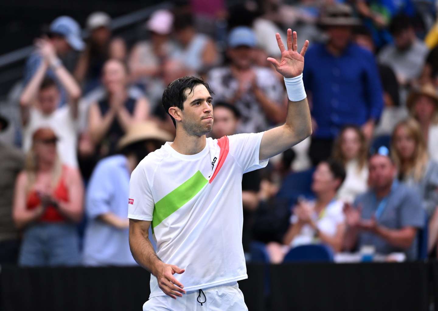 epa11825462 Nuno Borges of Portugal celebrates after winning his second round match against Jordan Thompson of Australia during the 2025 Australian Open at Melbourne Park in Melbourne, Australia, 15 January 2025.  EPA/JAMES ROSS  AUSTRALIA AND NEW ZEALAND OUT
