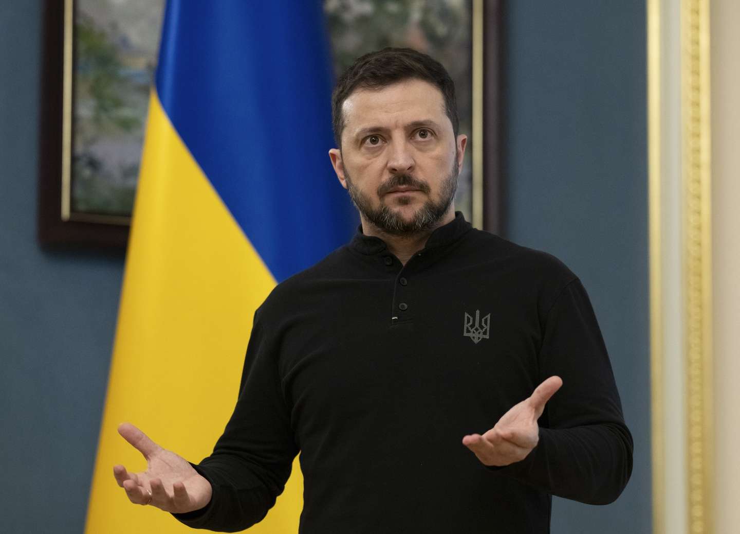 epa11966319 Ukrainian President Volodymyr Zelensky speaks at a press conference in Kyiv, Ukraine, 15 March 2025. President Zelensky informed journalists about the situation in Ukraine and the frontline, as well as the negotiations about a ceasefire.  EPA/STRINGER