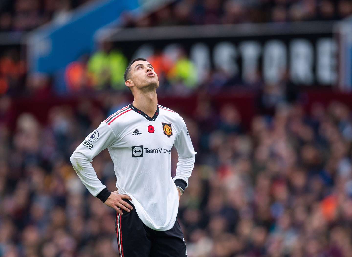epa10291459 Manchester United's Cristiano Ronaldo reacts after the English Premier League soccer match between Aston Villa FC and Manchster United FC at Villa Park in Birmingham, Britain, 06 November 2022.  EPA/PETER POWELL EDITORIAL USE ONLY. No use with unauthorized audio, video, data, fixture lists, club/league logos or 'live' services. Online in-match use limited to 120 images, no video emulation. No use in betting, games or single club/league/player publications