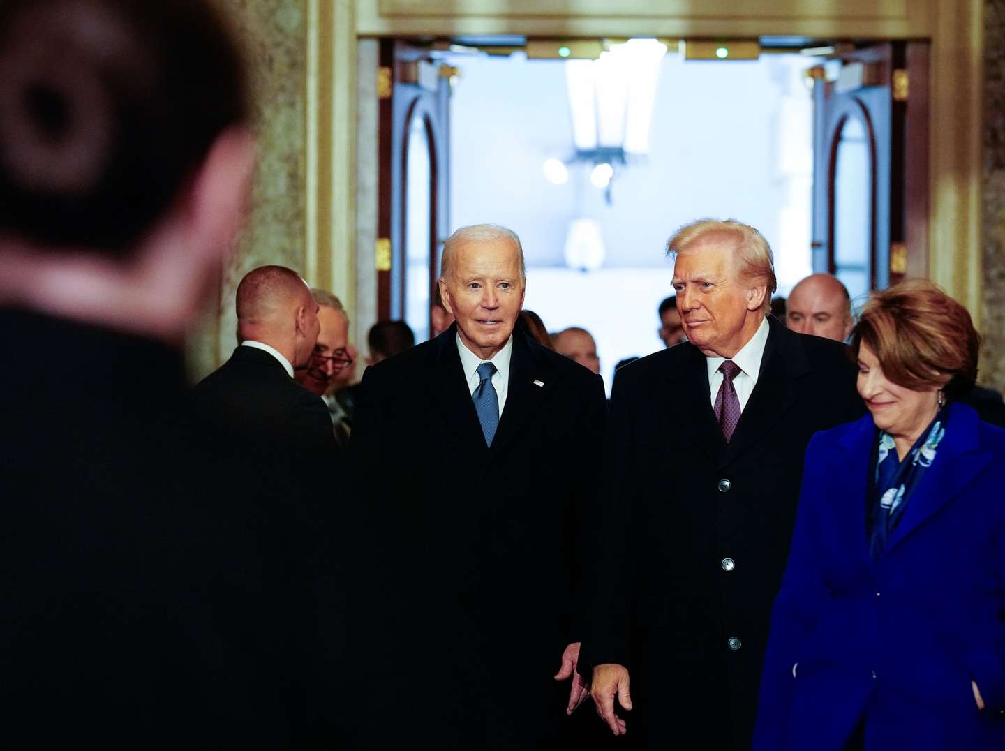 epa11839031 President Joe Biden and President-elect Donald Trump arrive ahead of the 60th inaugural ceremony on January 20, 2025, at the US Capitol in Washington, DC. Trump becomes the 47th president of the United States in a rare indoor inauguration ceremony. The parade was also moved inside Capitol One Arena due to weather.  EPA/Melina Mara / POOL