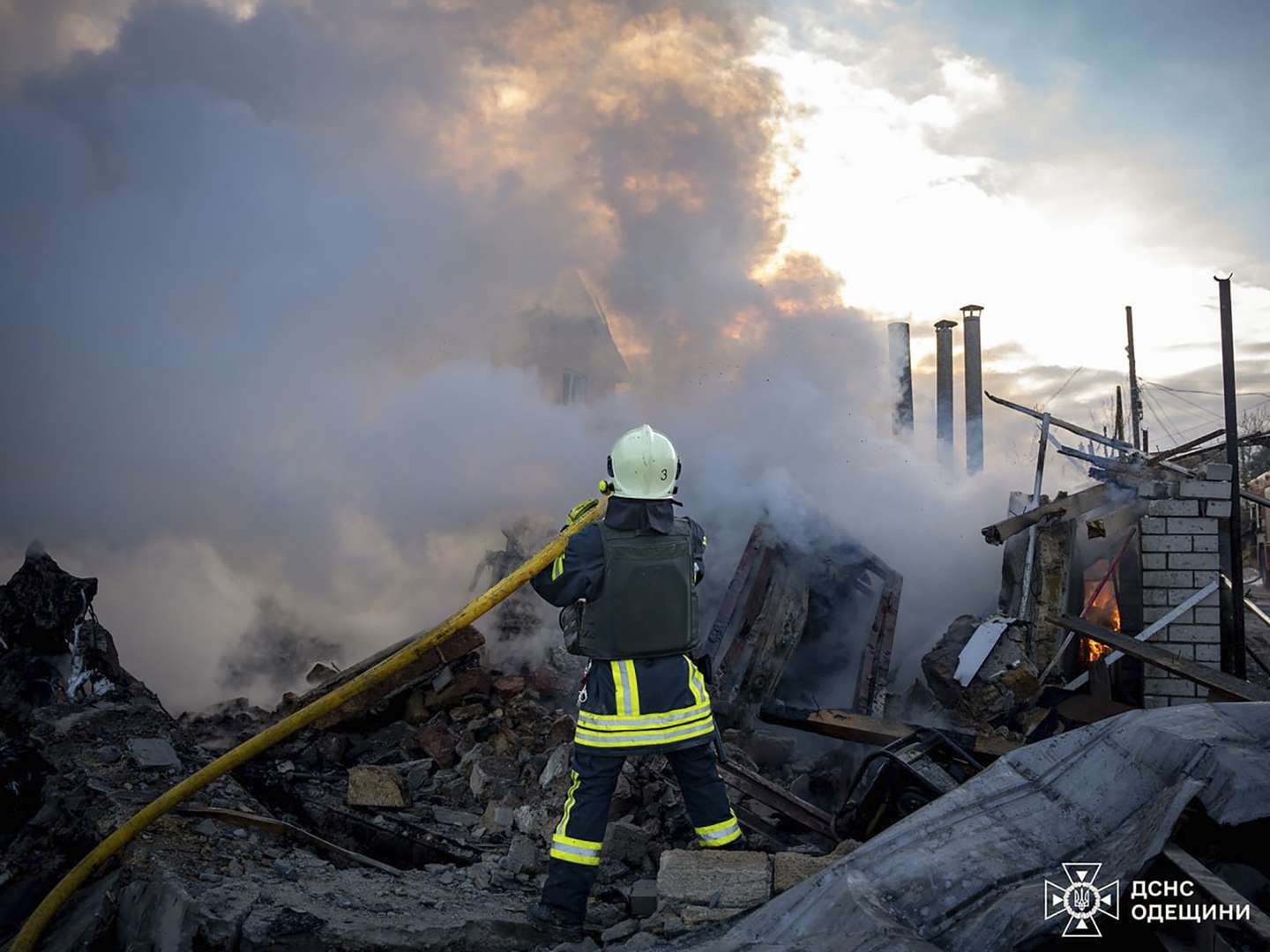 epa11725383 A handout photo released by the press service of the State Emergency Service (SES) of Ukraine shows Ukrainian rescuers working at the site of an air strike in Odesa, southwestern Ukraine, 17 November 2024. Russian forces launched a 'massive combined attack that targeted all regions of Ukraine' overnight and in the morning with around 120 missiles and 90 unmanned aerial vehicles (UAVs), Ukrainian President Zelensky said on 17 November, adding that Ukraine's air defense forces destroyed more than 140 air targets. The main target of the Russian attack was the energy infrastructure across Ukraine, Zelensky said. Russian troops entered Ukrainian territory on 24 February 2022, starting a conflict that has provoked destruction and a humanitarian crisis.  EPA/STATE EMERGENCY SERVICE OF UKRAINE HANDOUT -- BEST QUALITY AVAILABLE -- MANDATORY CREDIT: STATE EMERGENCY SERVICE OF UKRAINE -- HANDOUT EDITORIAL USE ONLY/NO SALES