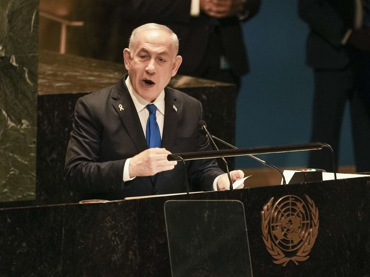 epa11629073 Israeli Prime Minister Benjamin Netanyahu speaks during the General Debate of the 79th session of the United Nations General Assembly at United Nations Headquarters in New York, New York, USA, 27 September 2024. The annual high-level General Debate gathers world leaders from 24 to 28 September, and 30 September under the theme, &#039;Leaving no one behind: acting together for the advancement of peace, sustainable development and human dignity for present and future generations&#039;.  EPA/STEPHANI SPINDEL