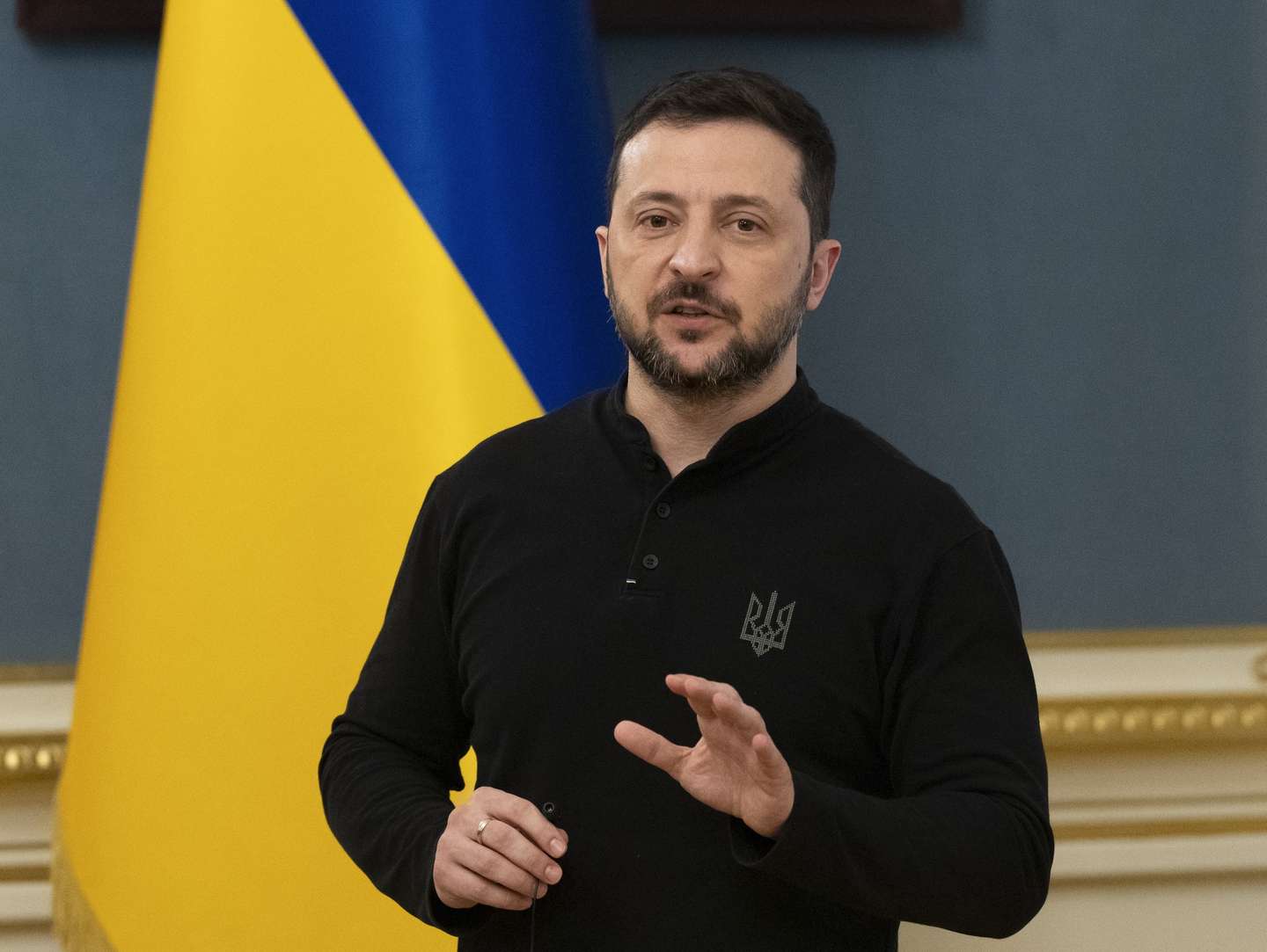 epa11966318 Ukrainian President Volodymyr Zelensky speaks at a press conference in Kyiv, Ukraine, 15 March 2025. President Zelensky informed journalists about the situation in Ukraine and the frontline, as well as the negotiations about a ceasefire.  EPA/STRINGER