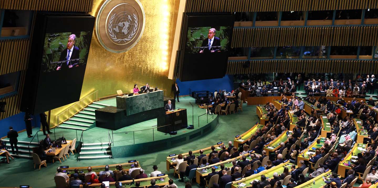 epa12399948 United Nations (UN) Secretary-General Antonio Guterres (C) speaks during the General Debate of the 80th session of the United Nations General Assembly (UNGA) at the United Nations headquarters in New York, New York, USA, 23 September 2025.  EPA/LESZEK SZYMANSKI POLAND OUT