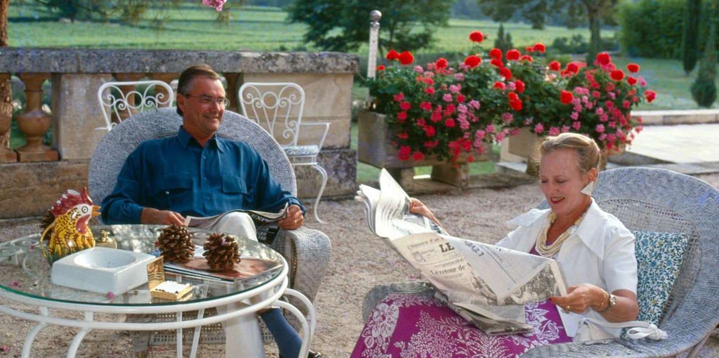 O príncipe Henrik e a Rainha Margarida de férias no Chateau de Cayx, em 1991