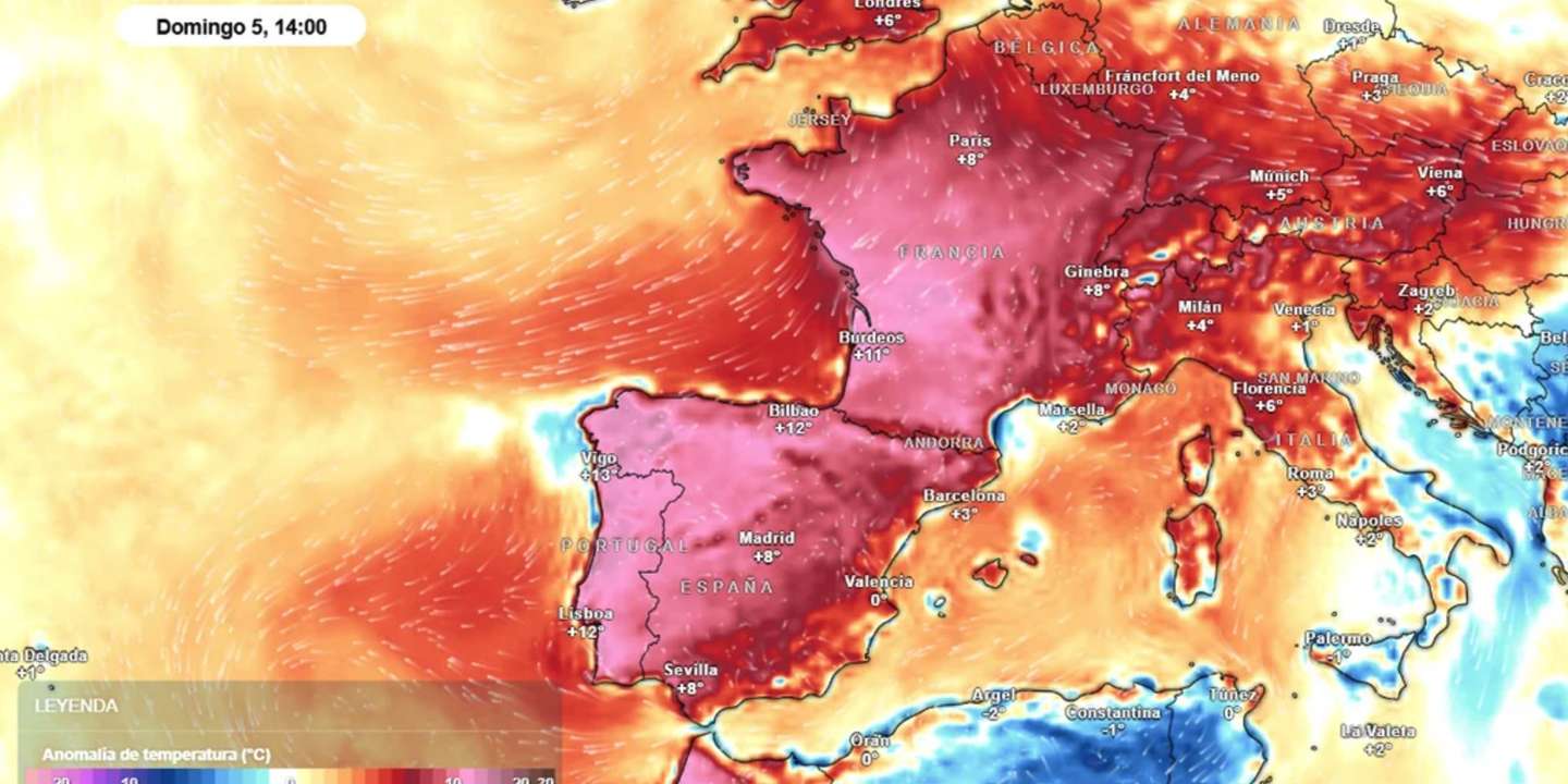 As previsões para este domingo, 5, segundo o mapa da Meteored, com as anomalias de temperatura