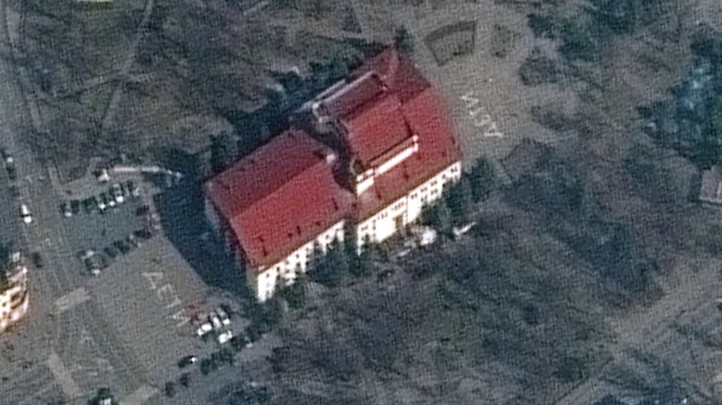 RUSSIANS INVADE UKRAINE -- MARCH 14, 2022:  01 Maxar satellite closer image of the Mariupol Drama Theater which was bombed on March 16th.  Mariupol, Ukraine.  14march2022_wv2.   Please use: Satellite image (c) 2022 Maxar Technologies.