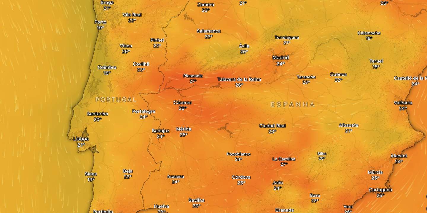 Madrugada de domingo, primeiro dia de verão, segundo o Windy.com: às 5h da manhã quase todo o país está já acima de 20ºC